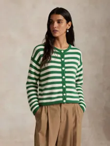 Cardigan En Maille De Coton À Rayures Vintage Pour Femmes Col Rond Boutonné Manches Longues Pull Décontracté Tricot Rétro