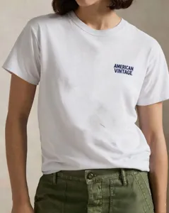 Women's white casual short sleeve crew neck T-shirt with blue letter print for daily wear.