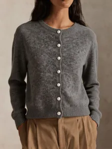 Grey knit cardigan with pearl buttons for women, classic daily commute autumn winter apparel detail.