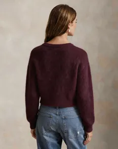 Wine red fuzzy cropped pullover sweater, elegant back view detail of stylish knitwear.