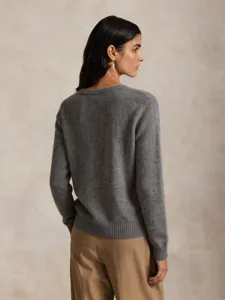 Detailed back view of a women's grey knit sweater, elegant daily commute style knitwear.