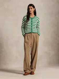 Cardigan en tricot à col rond rayé horizontalement vert et blanc pour femmes tendance