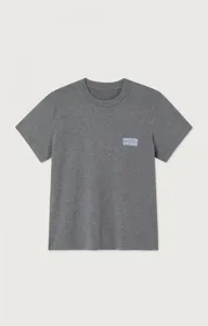 Grey short sleeve t-shirt detail showing chest printed letter graphic and comfortable cotton fabric.