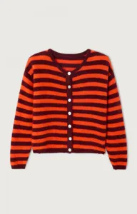 Gilet en tricot rayé orange et rouge foncé pour femme cardigan col rond doux haut