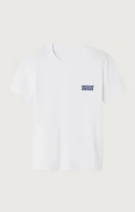 Detail view of a casual white short-sleeve t-shirt featuring chest vintage graphic text.