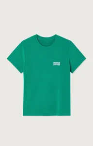 Green short sleeve t-shirt detail display, featuring a crew neck and white chest print.