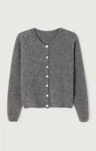 Grey knit cardigan sweater detail showcasing V-neckline and front button closure design.