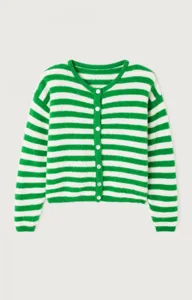 Cardigan femme à rayures vert et blanc col rond pull en tricot simple boutonnage chic.
