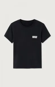 Black short sleeve t-shirt for women, classic round neck design with white letter print detail.