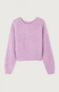 Purple fuzzy knit sweater for women, cozy long sleeve crewneck casual pullover top.