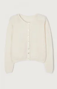 Cozy off-white knitted cardigan with buttons, detail view of casual daily knitwear top.
