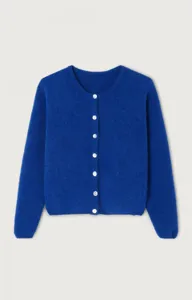 Royal blue round neck knitted cardigan with white buttons, detailed cozy winter sweater view.