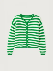 Cardigan en tricot rayé vert et blanc femme décontracté manches longues col rond.