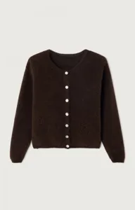 Close-up view of the knit texture, soft fabric detail, and elegant button closure on the shirt.