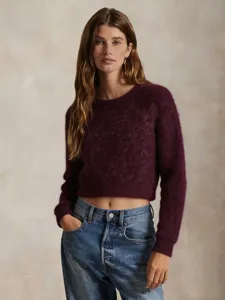 Women's Cropped Knit Sweater Casual Pullover Crew Neck Long Sleeve Solid Color Autumn Winter Fashion Top For Ladies