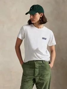 Casual white short-sleeve women's T-shirt with blue letter print, versatile summer retro style basic tee.