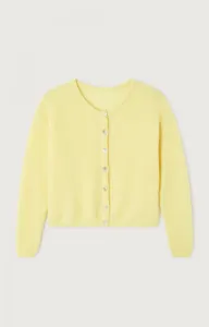 Yellow knit cardigan detail view, crewneck button-down sweater showcasing soft knit texture.