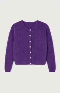 Purple fuzzy knit cardigan detail, long sleeves and front buttons for cozy autumn style.