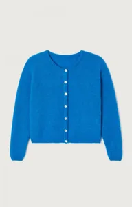 Blue knitted cardigan sweater detail view featuring round neckline and front white buttons.