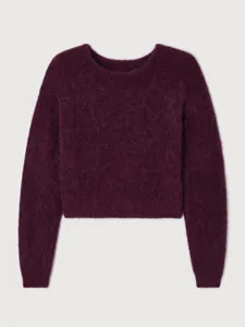 Burgundy fluffy crop knit sweater women autumn winter long sleeve crew neck pullover top
