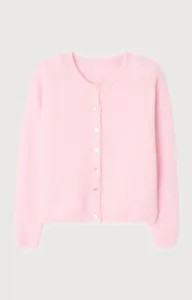 Pink knitted cardigan for women, soft crewneck long sleeve sweater with button closure.