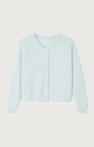 Light blue fluffy knit cardigan sweater, soft texture detail view for women daily wear.