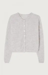 Detail view of the elegant grey V-neck knit cardigan, showcasing fine texture and classic buttons.
