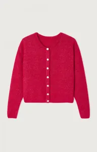 Detailed view of the stylish pink knit cardigan featuring round neck and white buttons.