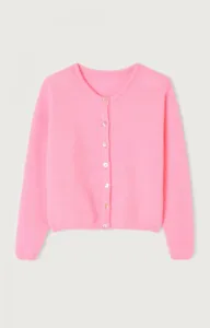 Pink knit cardigan sweater detail featuring long sleeves, round neckline and front button closure.