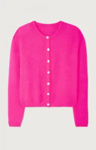 Pink knit cardigan sweater detail view, cozy long sleeve apparel for women daily wear.