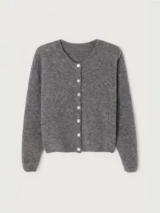 Gray V-neck knit cardigan sweater for women, long sleeve button-down winter casual top main view.