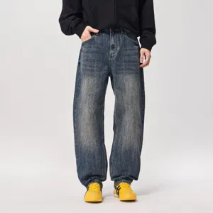 Pantaloni Lunghi in Denim Lavato Retro Casual Jeans a Gamba Curva Larghi Distressed Vintage da Uomo American High Street per Tutte le Stagioni Cotone