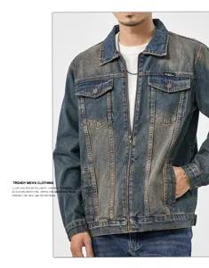 Vintage Washed Jeansjacke für Herren, lässige Streetwear lockere Alltags Oberbekleidung.