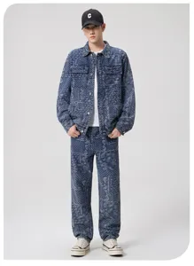 Veste en jean paisley streetwear américaine homme rétro jacquard manteau ample style mode