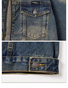 Détail de veste en jean rétro pour homme en tissu bleu délavé, fermeture éclair et poche poitrine.