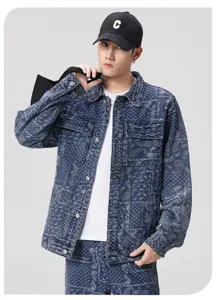 Veste en jean paisley pour homme, style streetwear américain vintage décontracté et ample.
