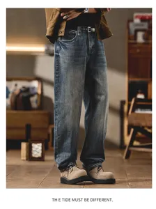 Mens vintage washed loose fit jeans casual straight long pants american high street style