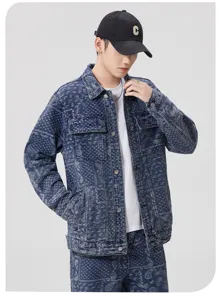Veste en jean jacquard paisley style streetwear américain pour homme mode décontractée.