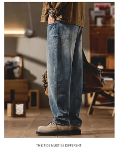 Mens retro washed loose fit curved denim jeans casual autumn winter high street trousers.