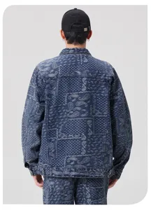 Veste en jean paisley pour homme style streetwear vintage, blouson jacquard décontracté.