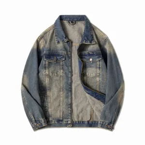 Veste en Jean Vintage pour Hommes Gris Fumé Rétro High Street Coupe Large avec Fermeture Éclair Casual Workwear Top