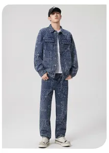 Ensemble veste en jean paisley style streetwear américain, manteau ample vintage décontracté.