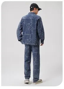 Ensemble veste et pantalon en jean style streetwear américain pour hommes, jacquard ample.