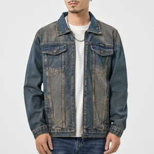 Herren Vintage Gewaschene Jeansjacke Streetwear Lockere Casual Langarm Top Baumwollmischung Tasche Jean Mantel Outwear Für Frühling Herbst