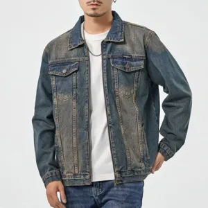 Herren Vintage gewaschene Denim Jacke Retro Freizeit Streetwear Full Zip Mantel Top