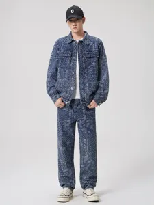 Veste en Jean Homme Paisley Jacquard American High Street Coton Manteau Workwear Large Mode Décontracté Streetwear pour Hommes