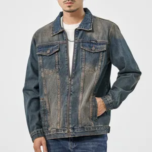 Herren Vintage gewaschene Jeansjacke mit Reißverschluss und Brusttaschen für den Alltag.