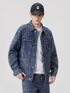 Veste en jean jacquard cachemire streetwear américaine pour homme manteau ample décontracté