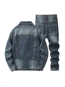 Ensemble veste et jean en denim rétro bleu gris pour homme streetwear ample et décontracté