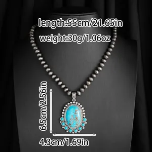 Detailed product view of the vintage turquoise pendant necklace with size and length specs.